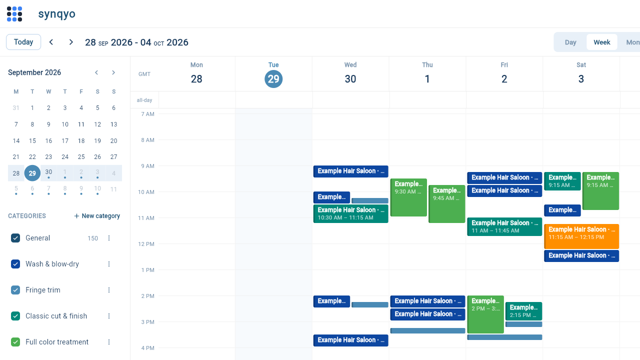 Synqyo weekly calendar filled with Example Hair Saloon reservations