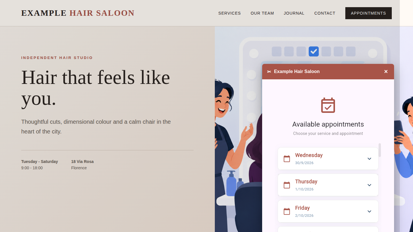 Real Synqyo booking widget open on the Example Hair Saloon website