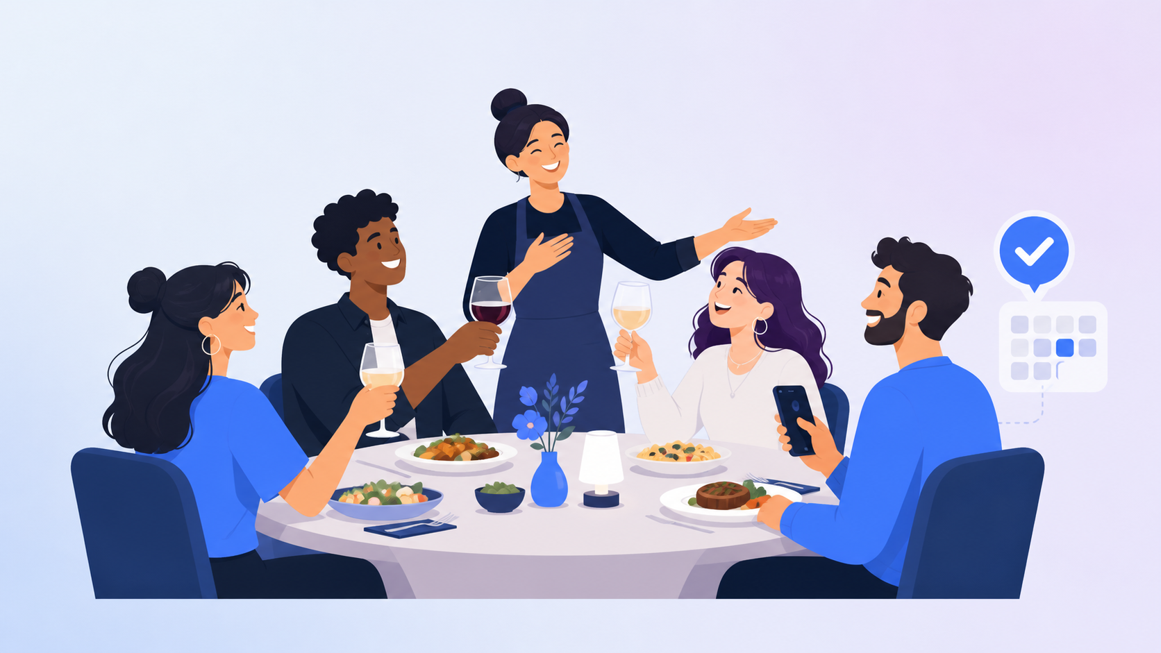 Happy friends enjoying dinner together after booking a restaurant table