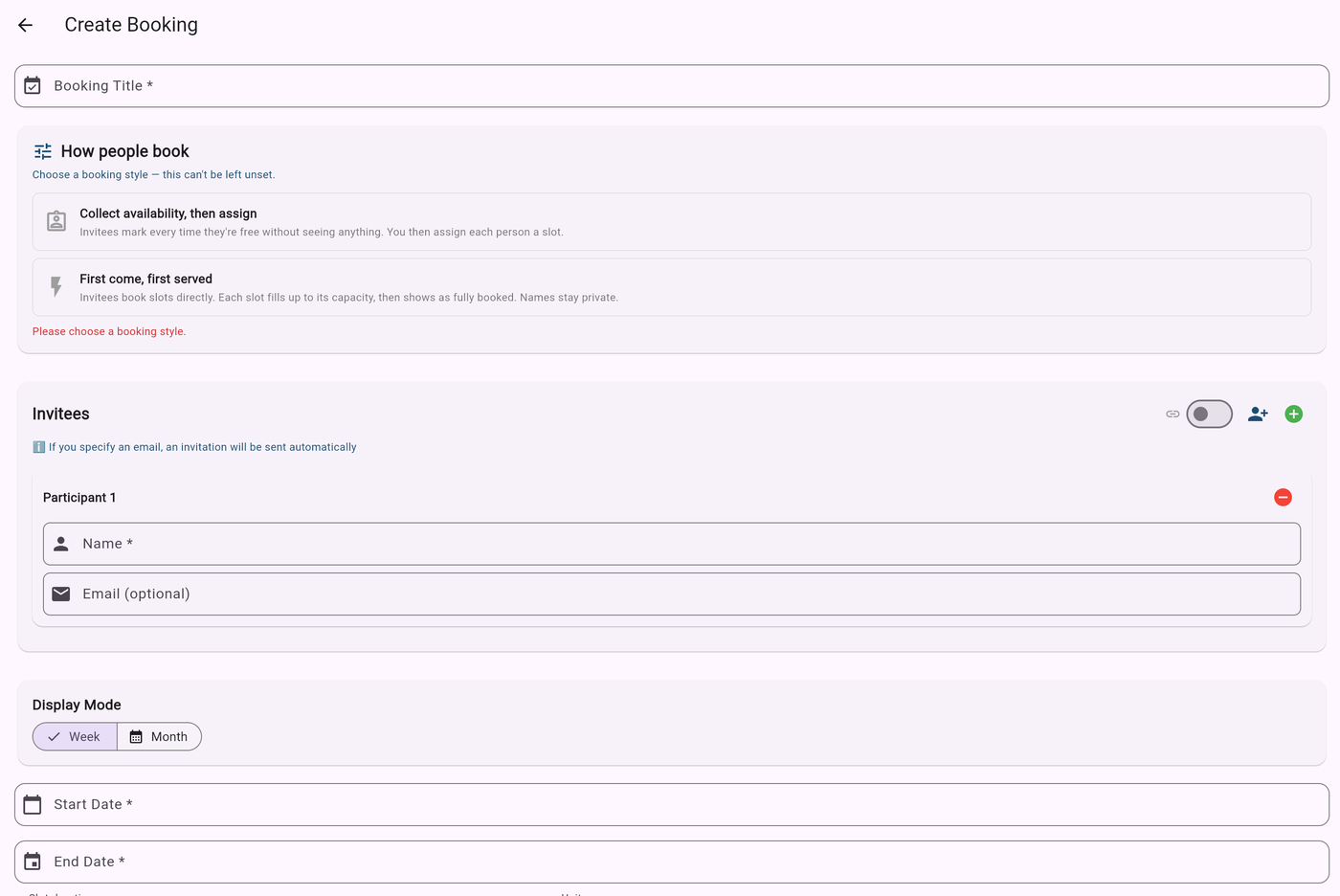 Create booking form with strategy and capacity options