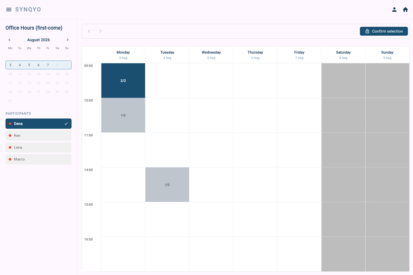 First-come booking grid with per-slot fullness shading