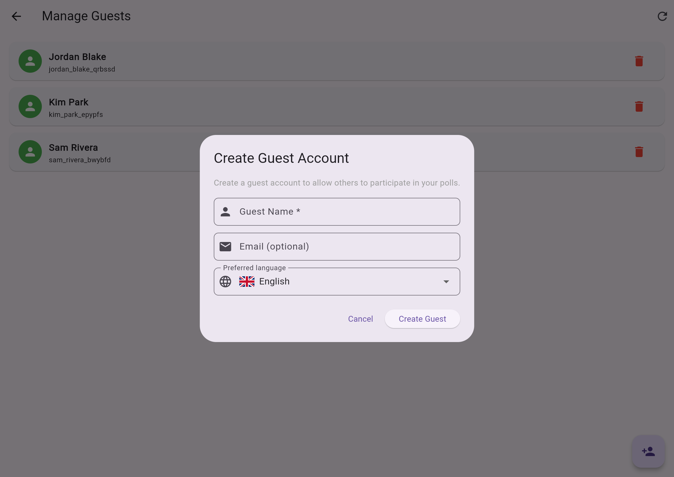 Create guest dialog