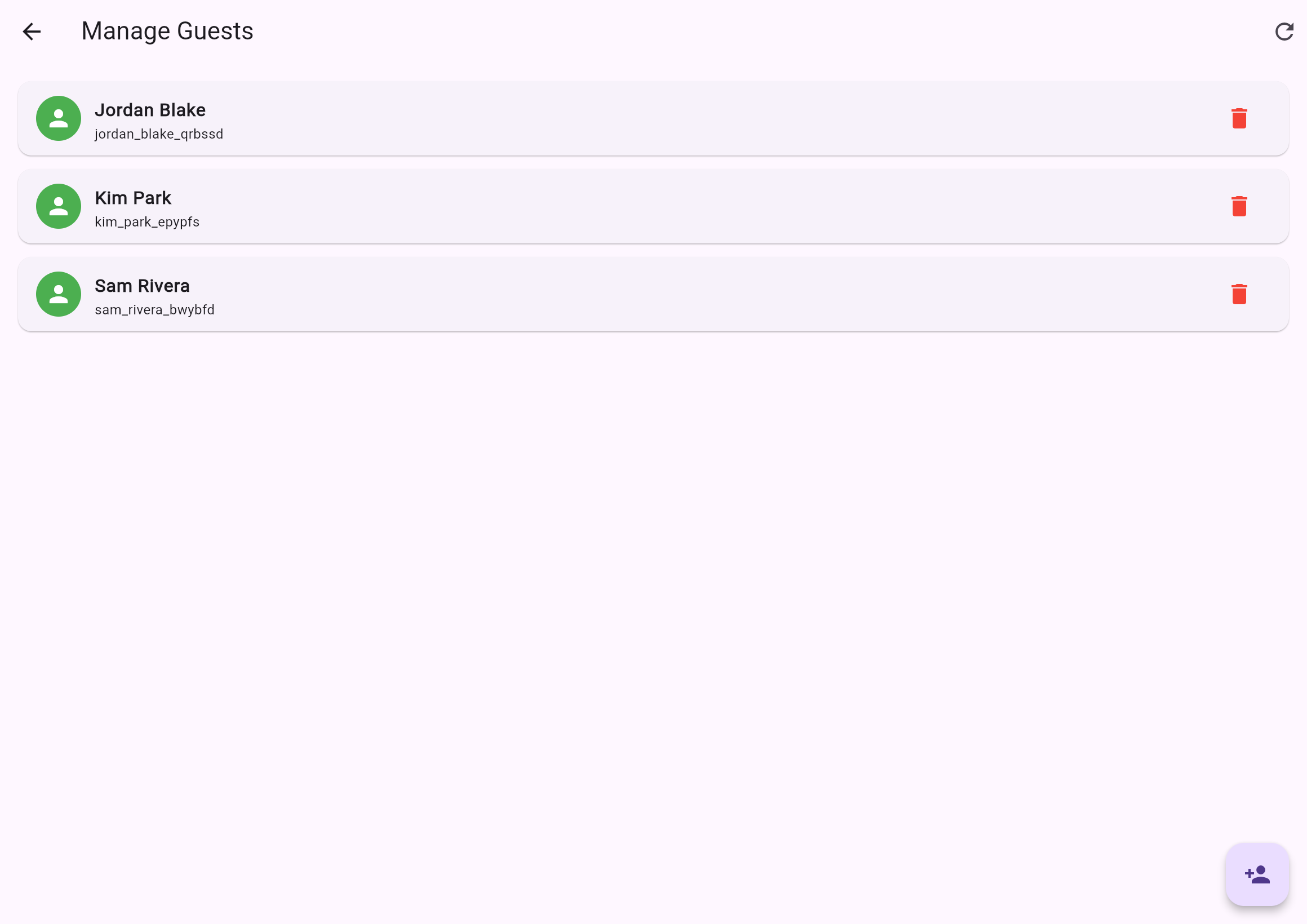 Manage guests page listing guests with actions