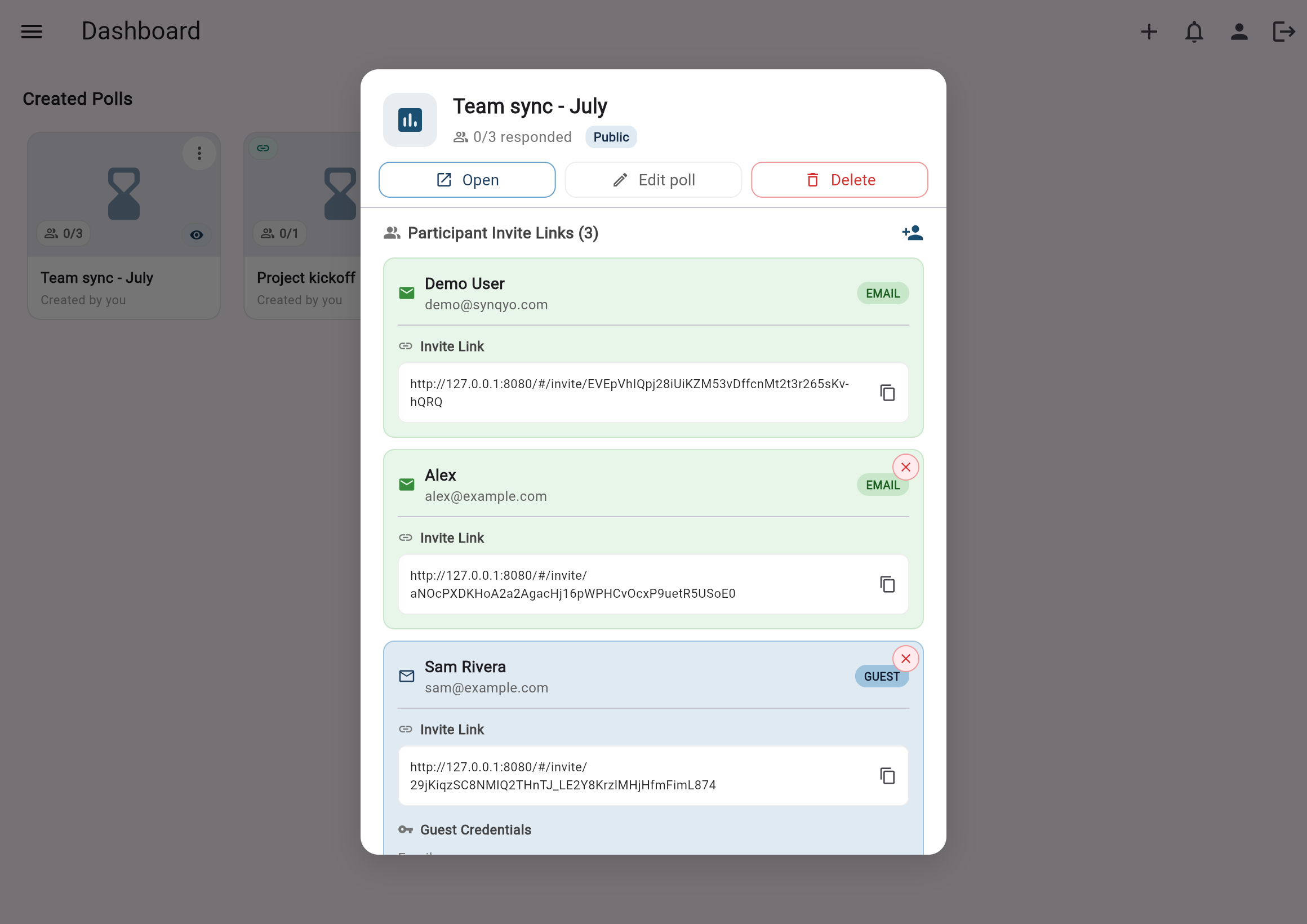 Poll details dialog with per-participant invite links